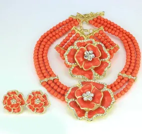 3 Layer Orange Beads Jewellery Set with Brooch Pendant Necklace Earring Bracelet & Ring Beautiful Design